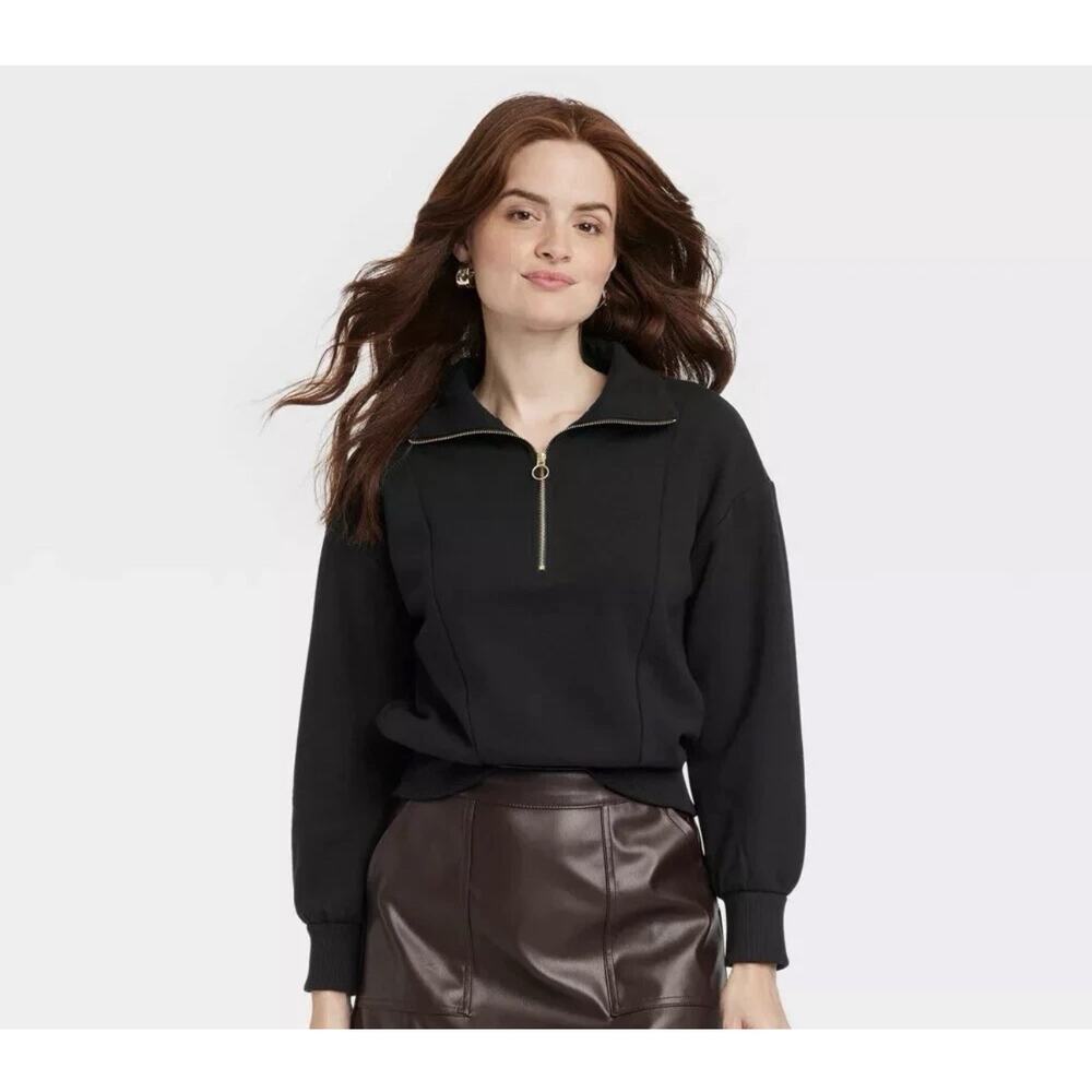 Women's Quarter Zip Sweatshirt - A New Day Xs Black New Gold Zipper